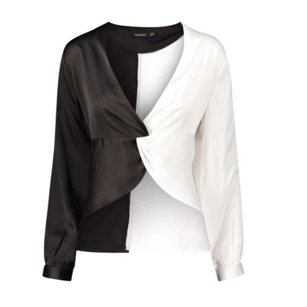 NWT boohoo Two Color Twist Front Blouse